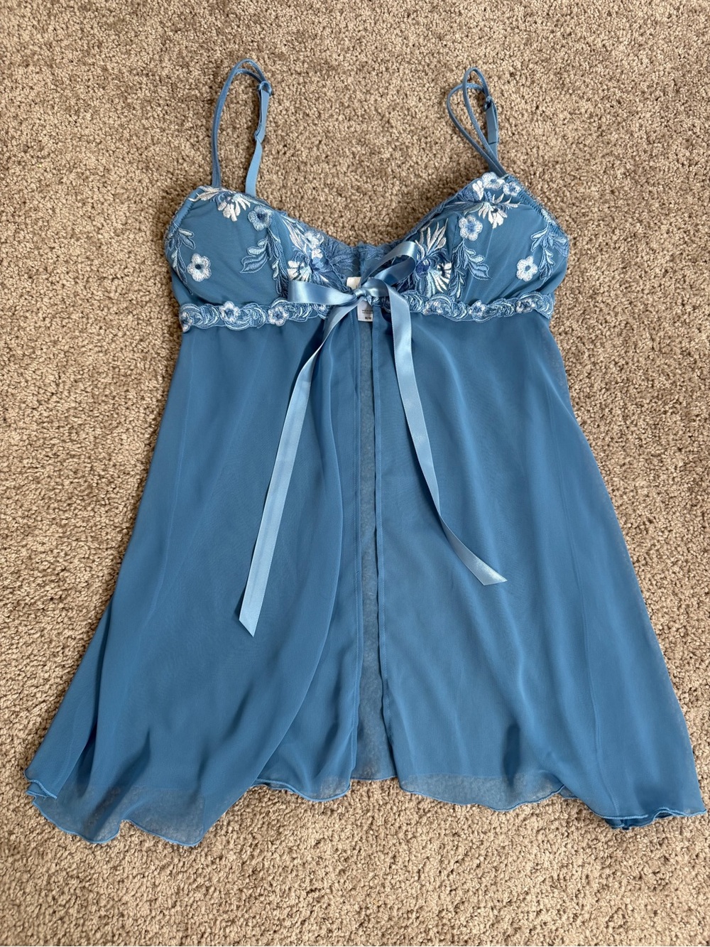 Y2K vintage la senza embroidered blue floral babydoll top mesh boho fairy beach